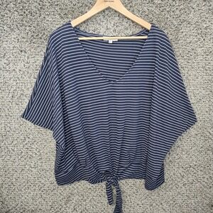 UMGEE Top Womens Plus 1XL Blue Striped V Neck Waist Tie Blouse Ladies